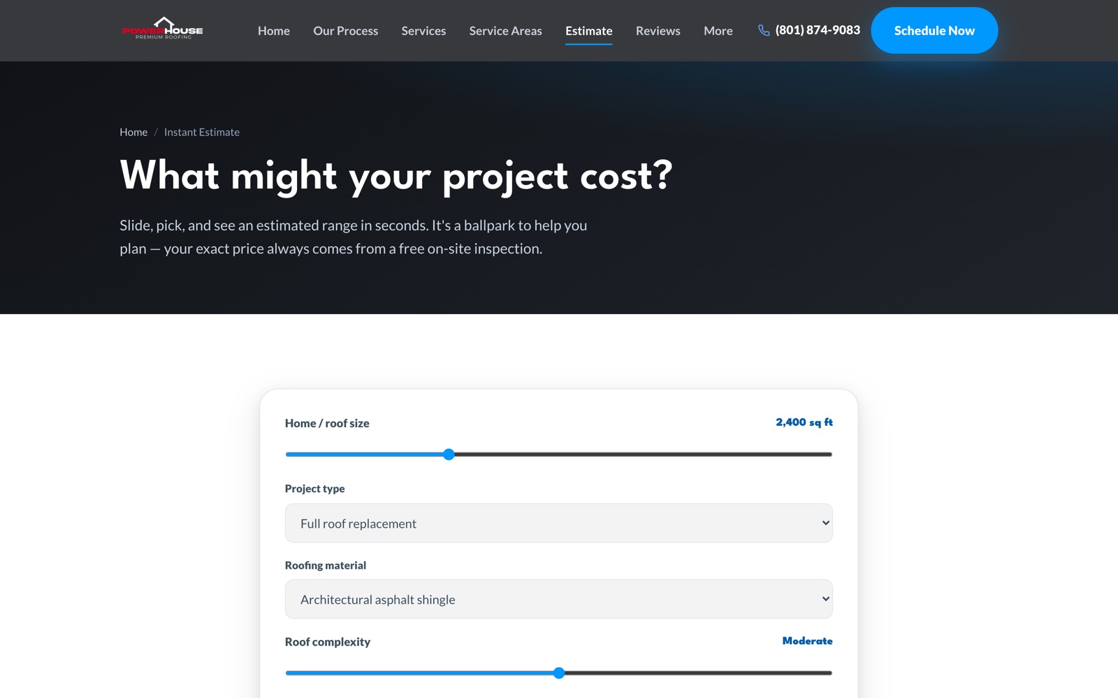 Instant estimate page with sliders for roof size, project type and complexity